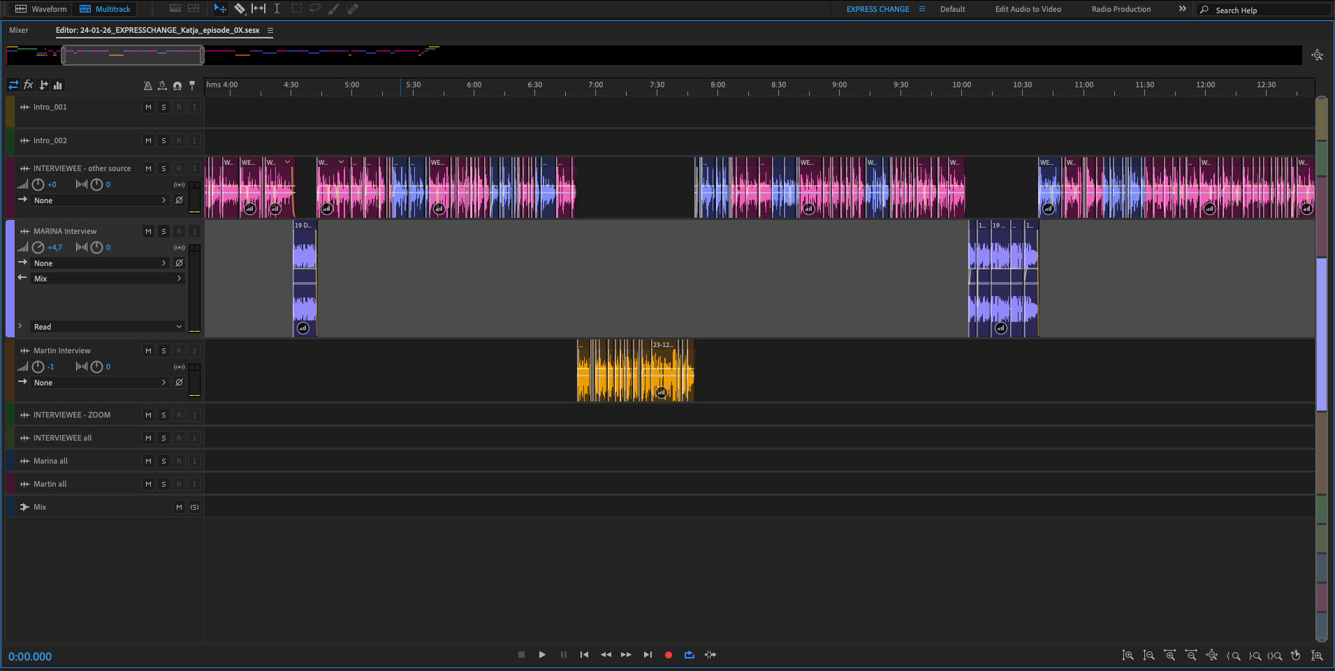 A podcast episode of EXPRESS CHANGE in the multitrack editor window of Adobe Audition.